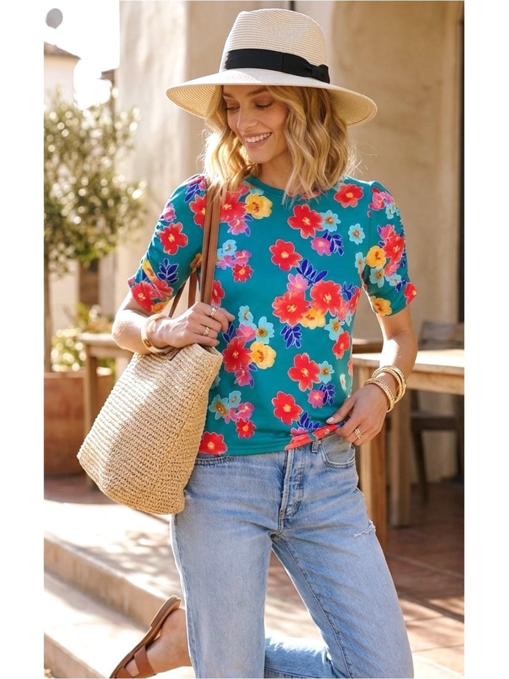 HAPTICS The Coastal Garden Shirred Sleeve Knit Top Summer Teal Botanical S, M, L